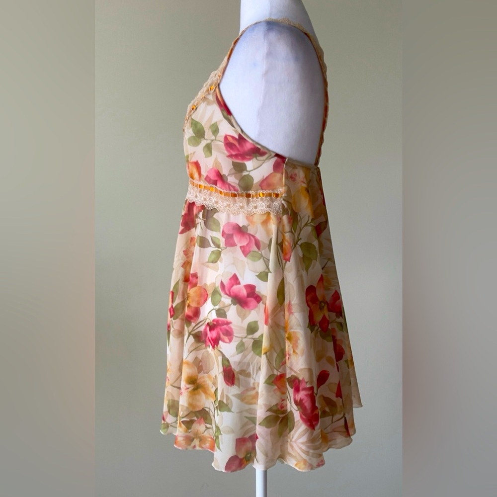 Floral Chiffon Lace Trim two pieces Lingerie Nightgown set Size M/L EUC - Picture 2 of 6